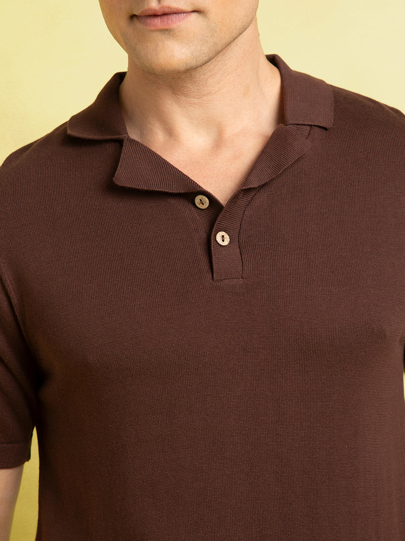 Men's Brown Solid Textured Polo Collar Half Sleeves Flat Knit T-shirt
