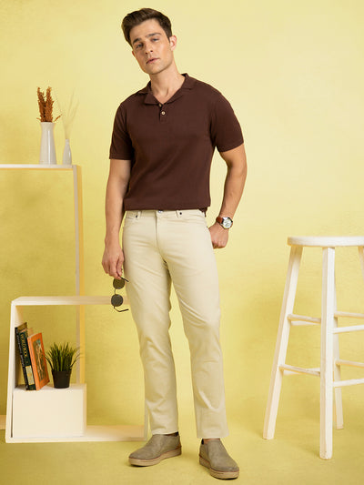 Men's Brown Solid Textured Polo Collar Half Sleeves Flat Knit T-shirt