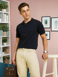 Men's Navy Solid Textured Polo Collar Half Sleeves Flat Knit T-shirt