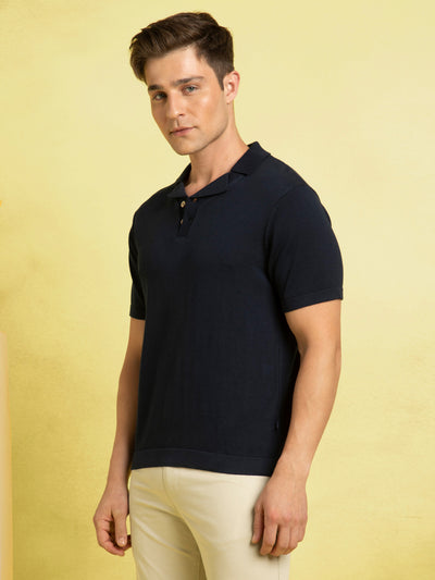 Men's Navy Solid Textured Polo Collar Half Sleeves Flat Knit T-shirt