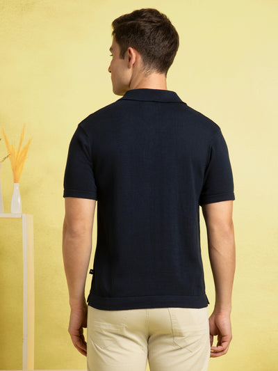Men's Navy Solid Textured Polo Collar Half Sleeves Flat Knit T-shirt