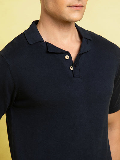 Men's Navy Solid Textured Polo Collar Half Sleeves Flat Knit T-shirt
