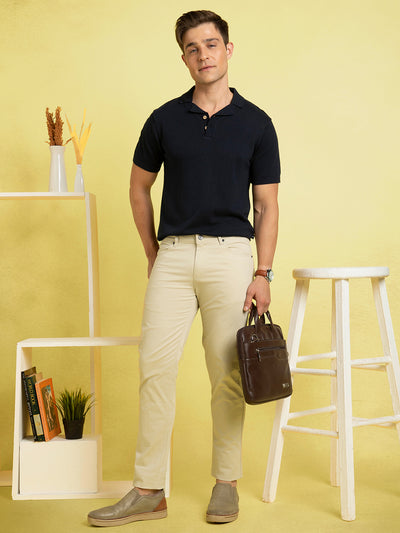 Men's Navy Solid Textured Polo Collar Half Sleeves Flat Knit T-shirt