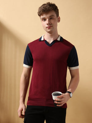 Men's Maroon Colourblocked Spread Collar Half Sleeves Flat Knit T-shirt