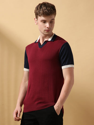 Men's Maroon Striped Spread Collar Half Sleeves Flat Knit T-shirt