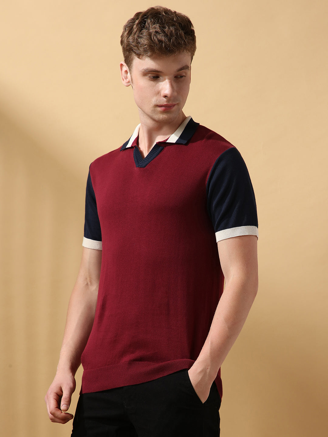 Men's Maroon Striped Spread Collar Half Sleeves Flat Knit T-shirt