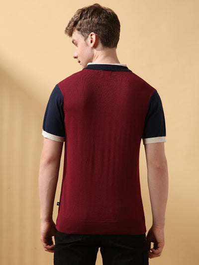 Men's Maroon Striped Spread Collar Half Sleeves Flat Knit T-shirt