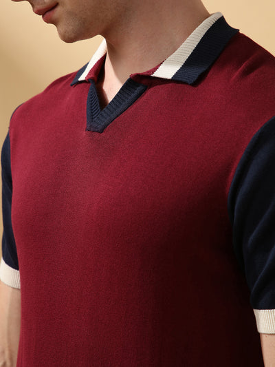 Men's Maroon Striped Spread Collar Half Sleeves Flat Knit T-shirt