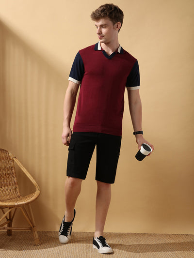 Men's Maroon Striped Spread Collar Half Sleeves Flat Knit T-shirt