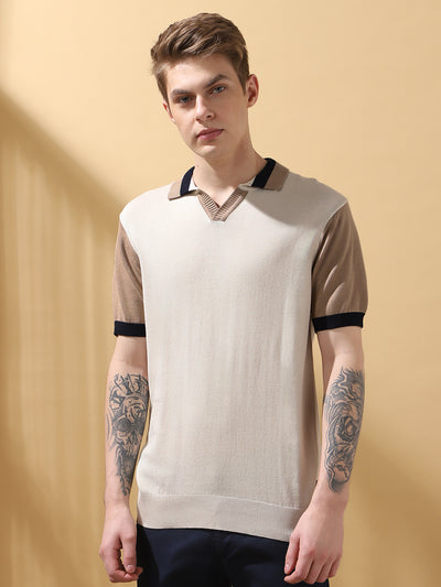 Men's Offwhite Colorblocked Spread Collar Half Sleeves Flat Knit T-shirt