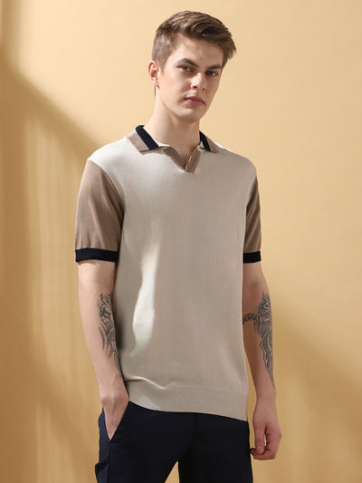 Men's Offwhite Colorblocked Spread Collar Half Sleeves Flat Knit T-shirt