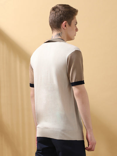 Men's Offwhite Colorblocked Spread Collar Half Sleeves Flat Knit T-shirt