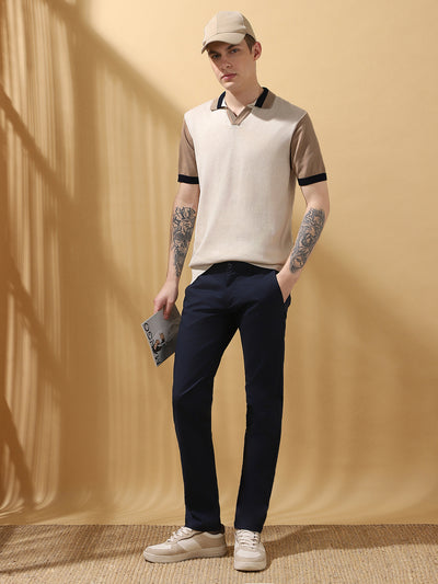 Men's Offwhite Colorblocked Spread Collar Half Sleeves Flat Knit T-shirt