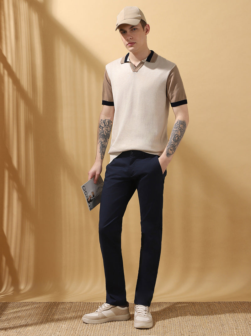 Men's Offwhite Colorblocked Spread Collar Half Sleeves Flat Knit T-shirt