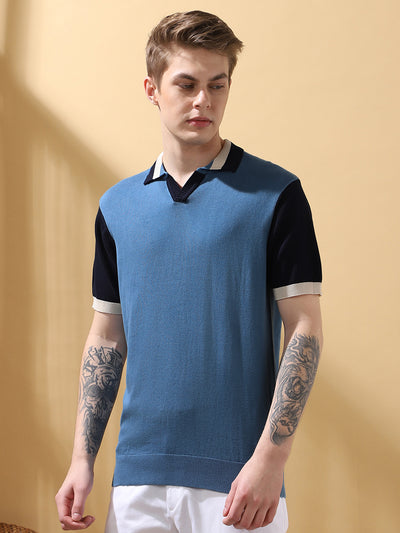 Men's Blue Colorblocked Spread Collar Half Sleeves Flat Knit T-shirt