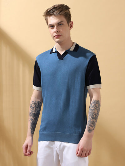 Men's Blue Colorblocked Spread Collar Half Sleeves Flat Knit T-shirt