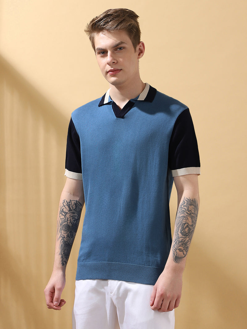 Men's Blue Colorblocked Spread Collar Half Sleeves Flat Knit T-shirt
