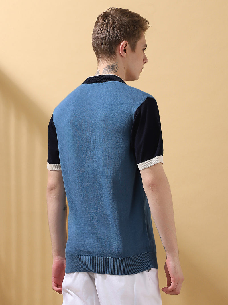 Men's Blue Colorblocked Spread Collar Half Sleeves Flat Knit T-shirt