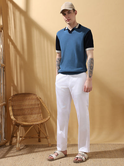 Men's Blue Colorblocked Spread Collar Half Sleeves Flat Knit T-shirt