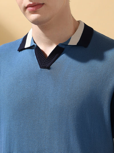 Men's Blue Colorblocked Spread Collar Half Sleeves Flat Knit T-shirt