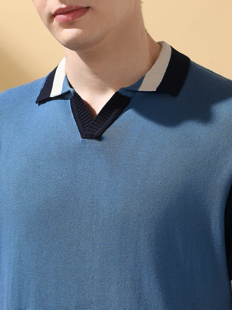 Men's Blue Colorblocked Spread Collar Half Sleeves Flat Knit T-shirt