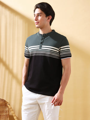 Men Black Striped Henley Neck Half Sleeves T-shirt