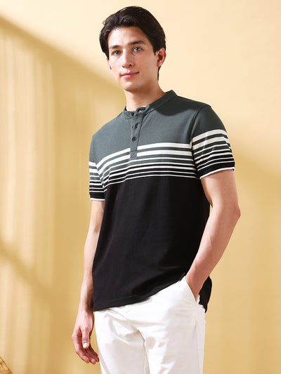 Men Black Striped Henley Neck Half Sleeves T-shirt