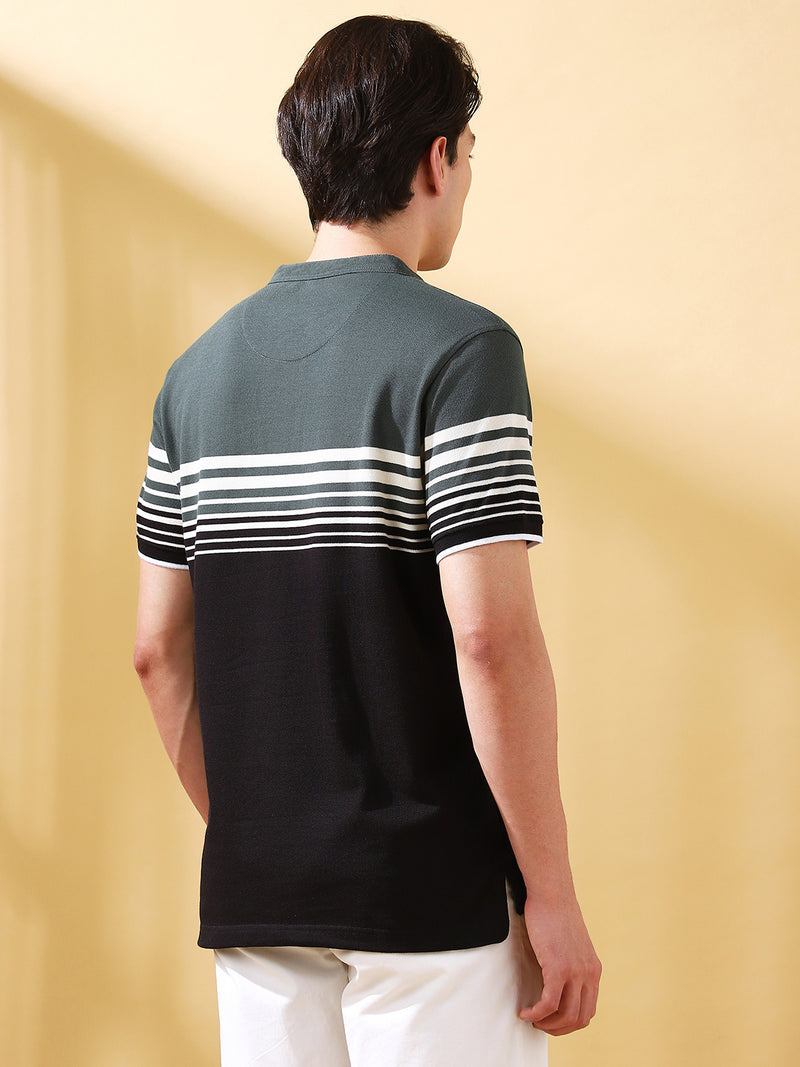 Men Black Striped Henley Neck Half Sleeves T-shirt