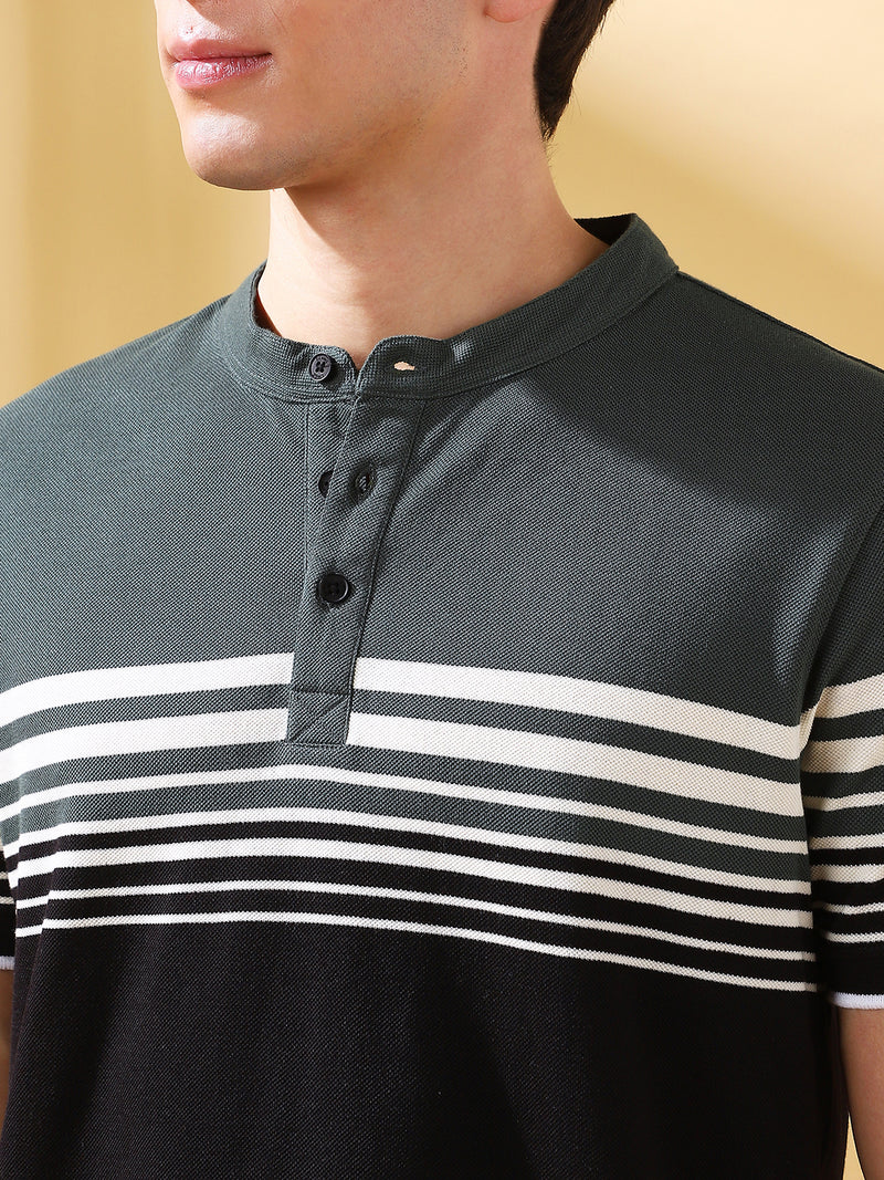 Men Black Striped Henley Neck Half Sleeves T-shirt