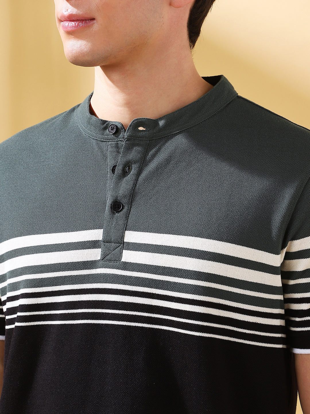 Men Black Striped Henley Neck Half Sleeves T-shirt