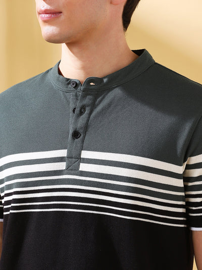 Men Black Striped Henley Neck Half Sleeves T-shirt
