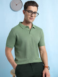 Men Olive Solid Polo Collar Half Sleeves T-shirt