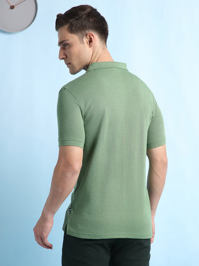 Men Olive Solid Polo Collar Half Sleeves T-shirt