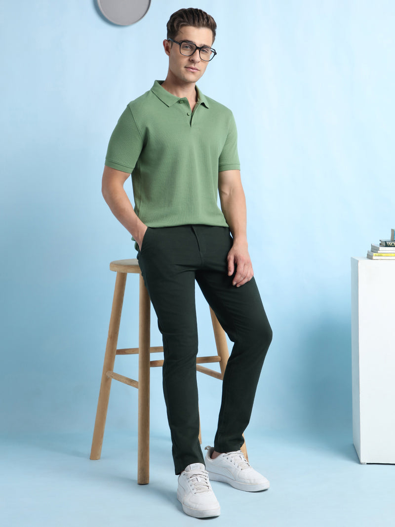 Men Olive Solid Polo Collar Half Sleeves T-shirt