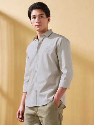 Men Off White Solid Spread Collar Embroidered Shirt