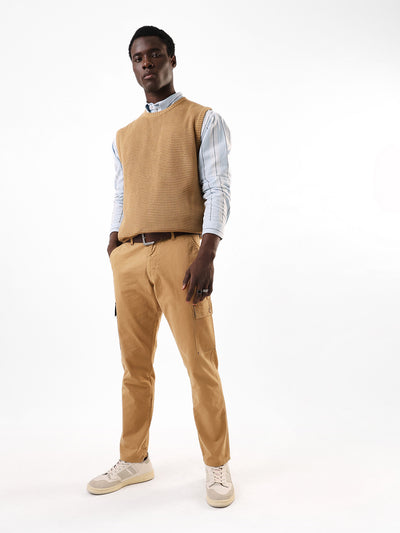Men's Khaki Solid Slim Fit Cargo Trouser