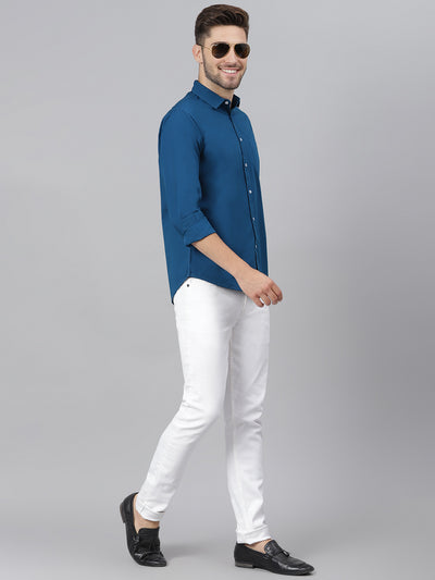 Dennis Lingo Men's Solid Blue Slim Fit Casual Shirt