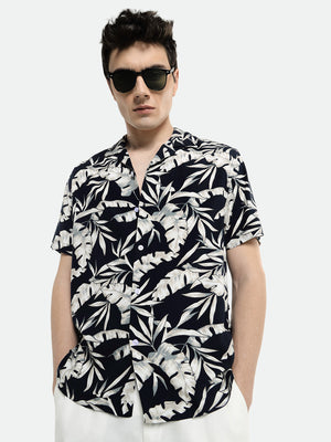 Men's Cuban Collar Regular Fit Printed Navy Casual Shirt