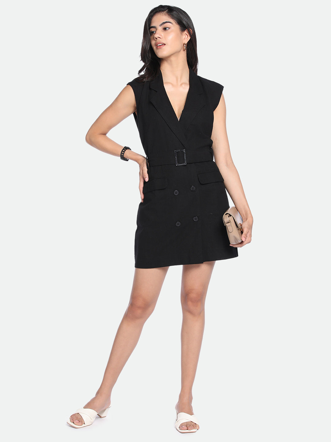V-Neck Regular Fit Solid Black Dress