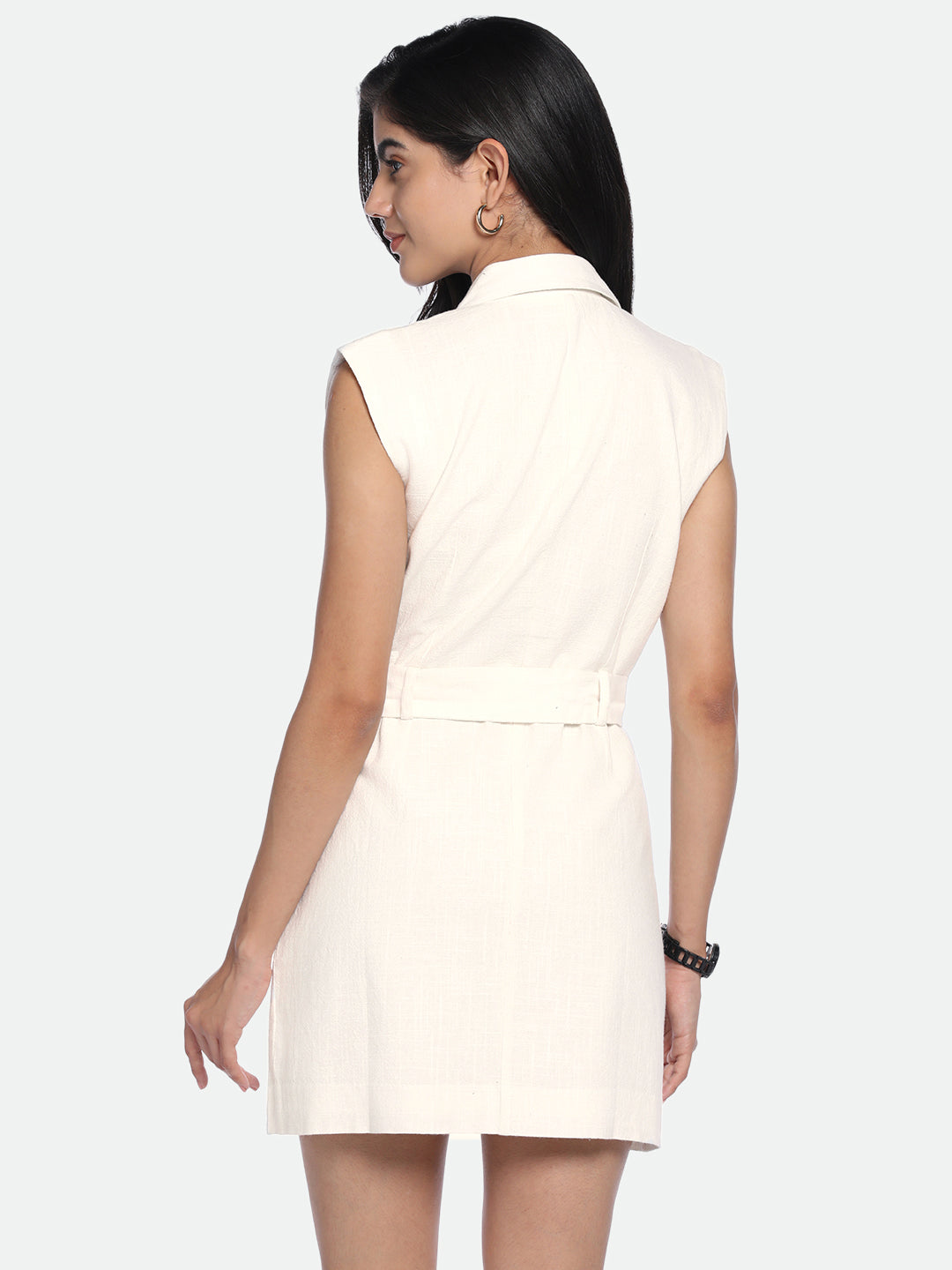 V-Neck Regular Fit Solid Off-White Dress