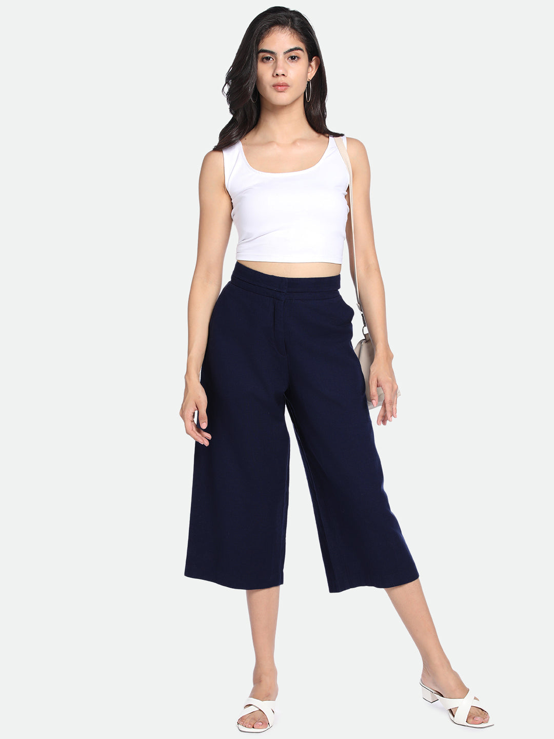 DL Woman Navy Blue Cotton Regular Fit Trousers