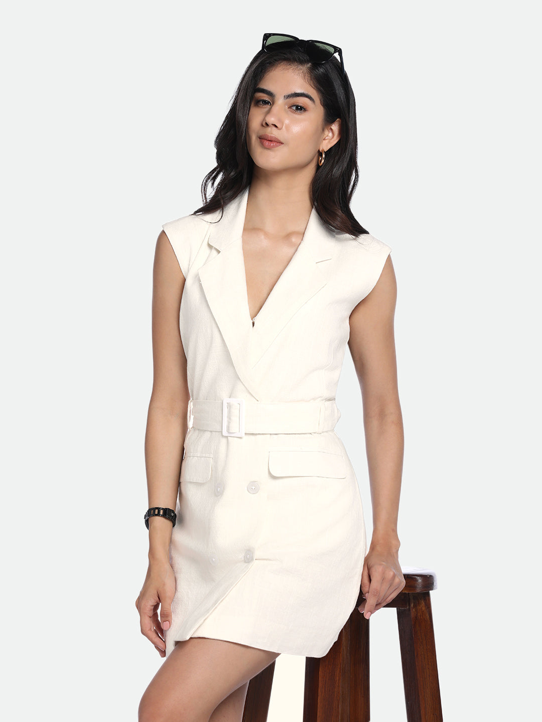 V-Neck Regular Fit Solid Off-White Dress