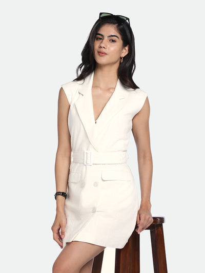 DL Woman Off-White V-Neck Belted Knee Length Blazer Dress