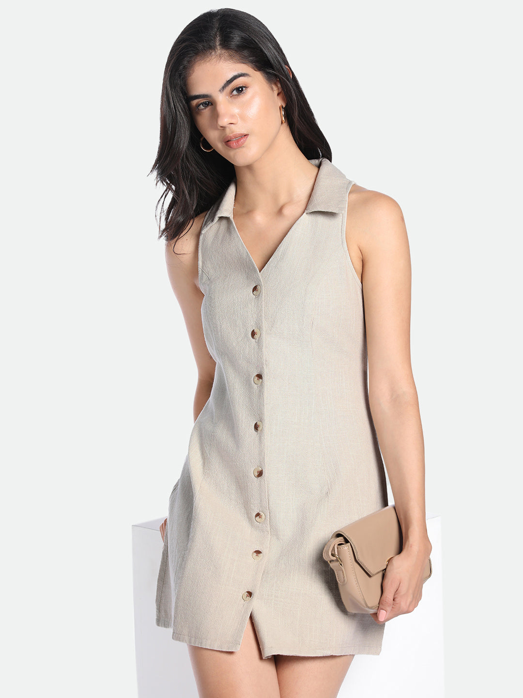 V-Neck A-Line Fit Solid Offwhite Dress