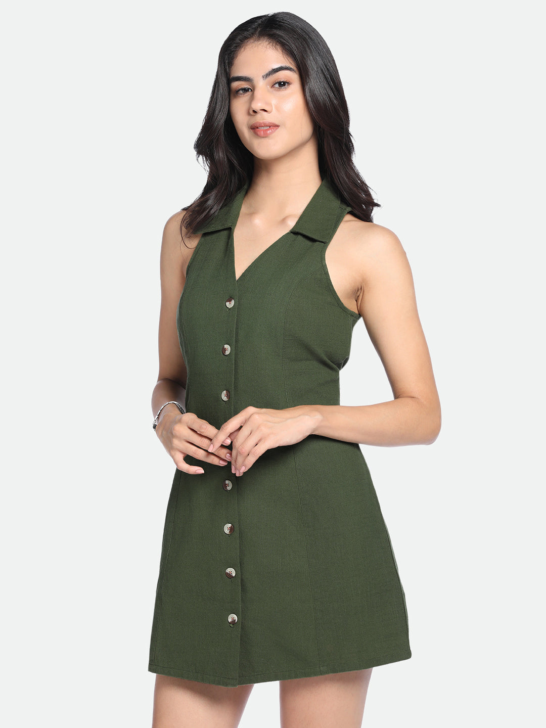 DL Woman V-Neck A-Line Fit Solid Olive Dress