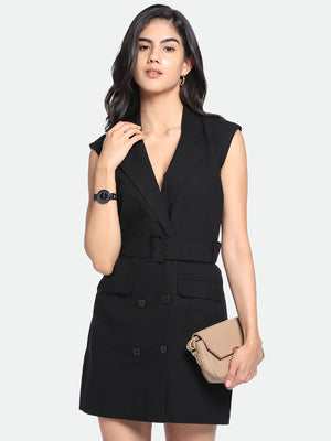 V-Neck Regular Fit Solid Black Dress