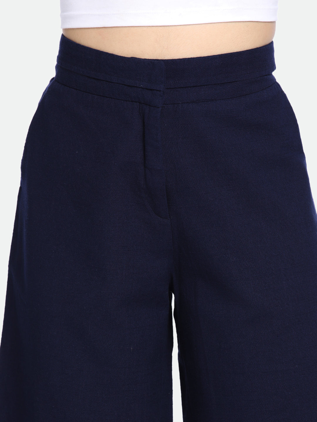 DL Woman Navy Blue Cotton Regular Fit Trousers