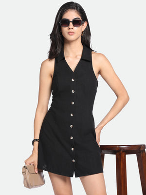 V-Neck A-Line Fit Solid Black Dress