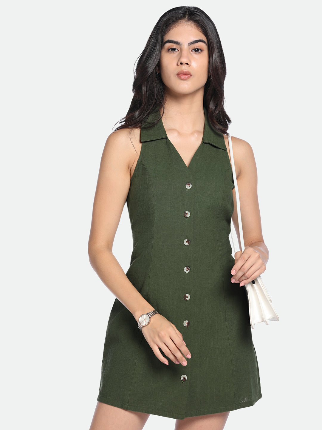 V-Neck A-Line Fit Solid Olive Dress