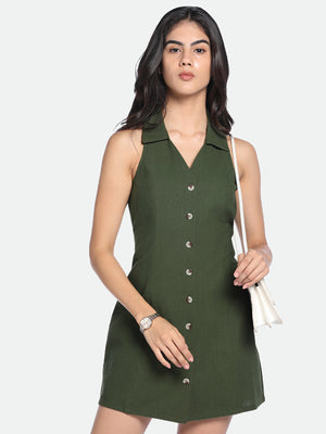 V-Neck A-Line Fit Solid Olive Dress